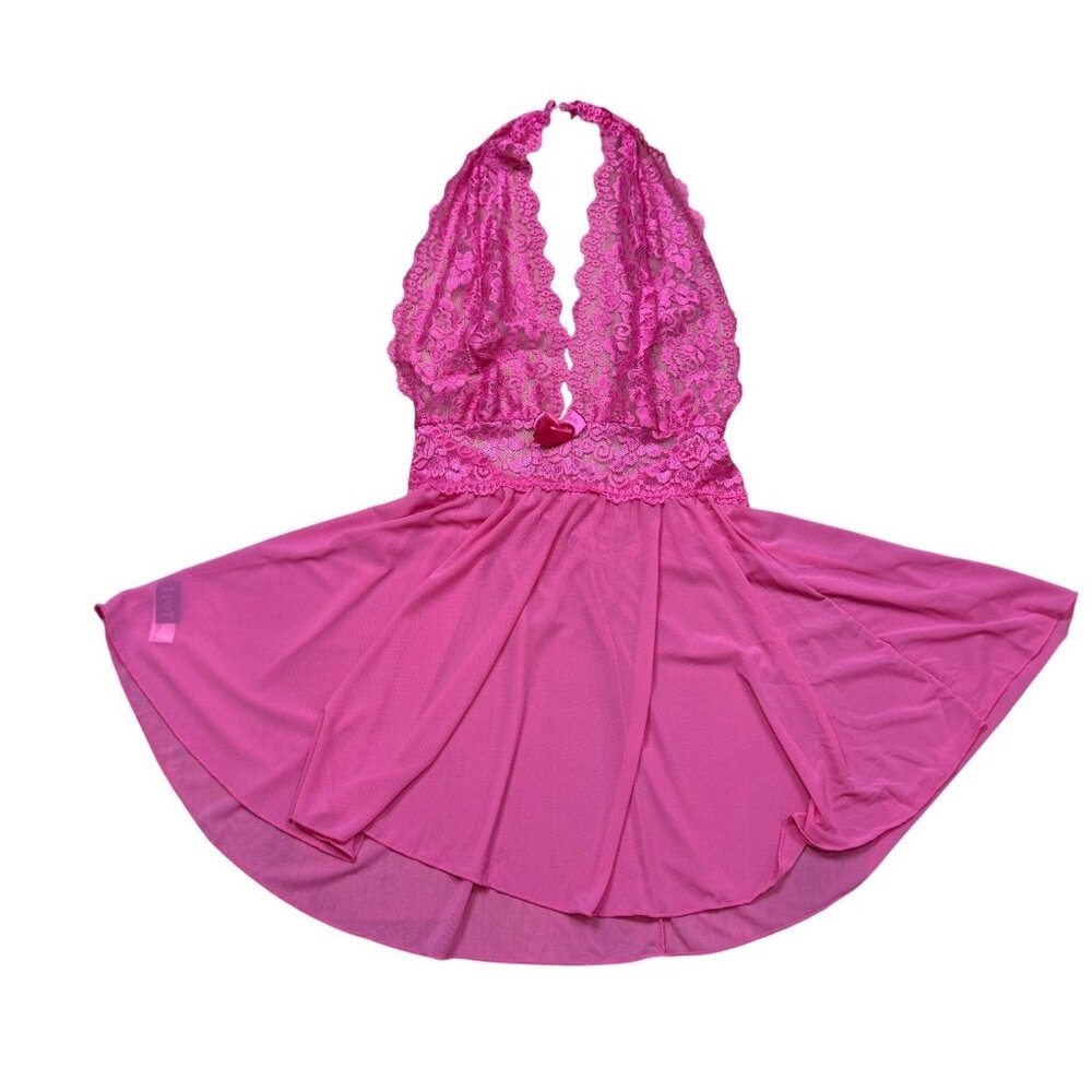 Y2K Hot Pink Lace Halter Babydoll Lingerie With Sheer Skirt &‎ Deep V-Neck